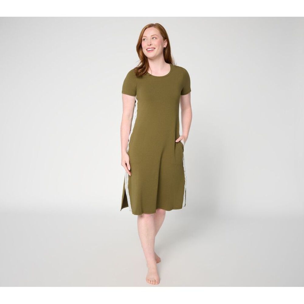 Cuddl Duds Women's Dress Sz M Cottonwear+ Lace Trim Midi Tee Lounge Green